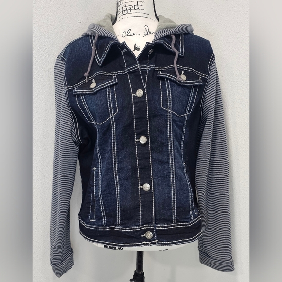 No Boundaries Combo Denim Sherpa Button Up Hooded Blue Gray Jean Jacket Jr's XXL - Picture 1 of 13
